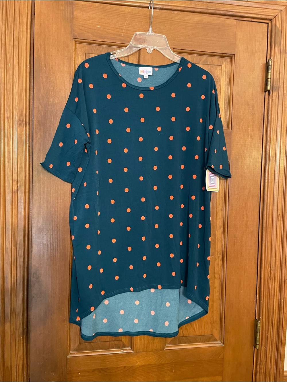 LuLaRoe Irma Dark Teal Short Sleeve Tunic with Orange Polka Dots, NWT, Size XS